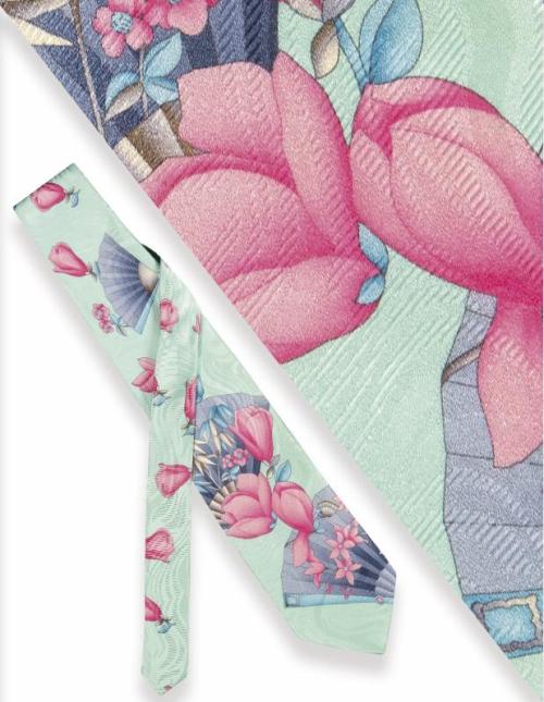 Corbata Leonard flores y abanicos sobre verde agua.