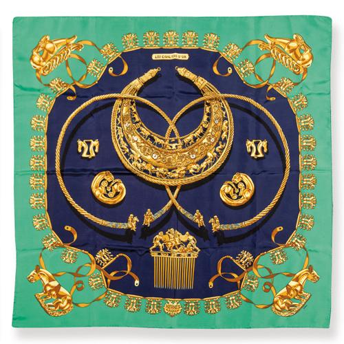 Pañuelo Hermes Rybal Les Cavalier D'or en tonos azules y verdes