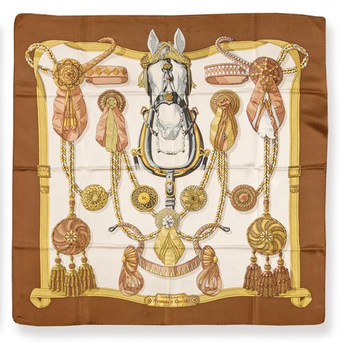 Pañuelo Hermes 'Fontaux et concardes' en tonos marrones y verdes