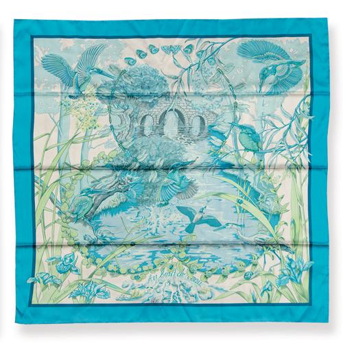 Pañuelo Hermes,' Auborel de l'eau' en tonos azules y verdes
