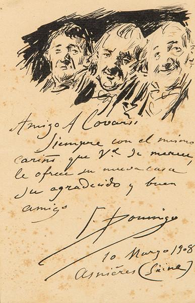 FRANCISCO DOMINGO MARQUÉS - Carta con ilustración dirigida a Adelardo Covarsi. Asnières-sur-Seine