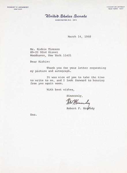  ROBERT F. KENNEDY - Carta dirigida a Mr. Richie Timmann