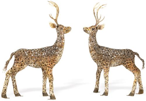 Pareja de ciervos jardinera de hierro calado para jardín. 