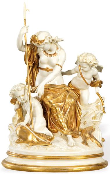 "La pesca milagrosa", grupo escultórico en porcelana modelada, esmaltada y parcialmente dorada de Rudolstahdt. Firmada por el autor