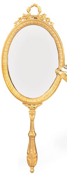 Espejo de mano de bronce dorado, estilo Luís XVI, Francia S. XIX.