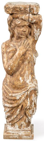 Peana con cariátide en madera tallada y pintada en blanco.