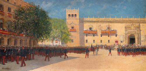 MARIANO BERTUCHI - Regimiento de infantería en formación el día de la Inmaculada Concepción en la plaza del Obradoiro en Santiago de Compostela (reinado de Alfonso XIII)