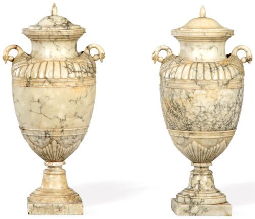 Pareja de urnas de mármol jaspeado, Francia S. XIX.