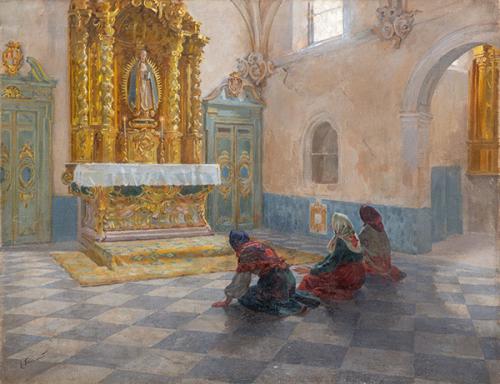 ENRIQUE SIMONET LOMBARDO - Interior de iglesia con dos ancianas rezando