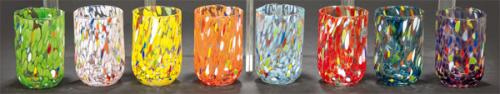 Juego de diez vasos de cristal de Murano transparenetes con machas de diversos colores