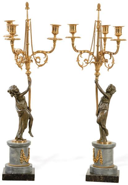 Pareja de candelabros de bronce dorado, bronce patinado y mármol, Francia S. XIX.