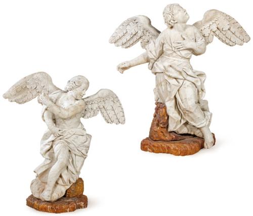 Pareja de ángeles de mármol tallado, Italia S. XIX