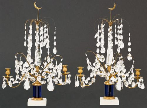 Pareja de girándolas de latón, cristal y mármol blanco, Francia pp. S. XX.