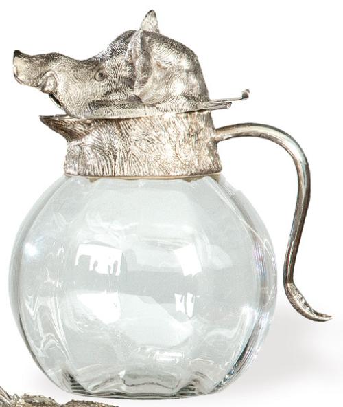 Jarra de Valenti con con cabeza de jabalí en metal plateado y cristal h. 1960-70.