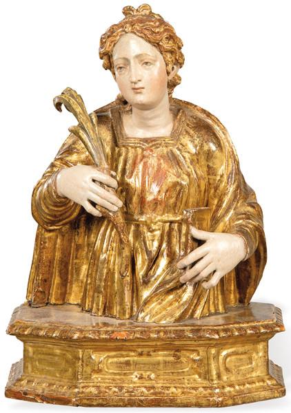 Talla de madera policromada y dorada. Busto-relicario Napolitano comienzos del S.XVII.