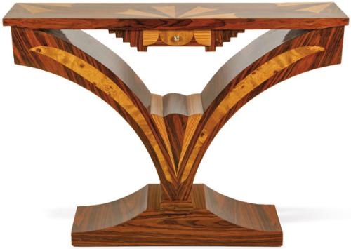 Consola estilo Art decó en madera de palo de rosa con decoración geométrica en marquetería de palisandro, y raíz de arce.