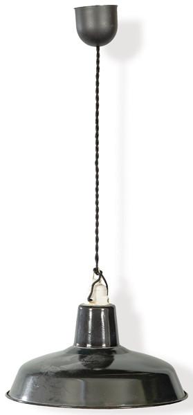 Lámpara de techo en suspensión en metal esmaltada en negro y blanco.