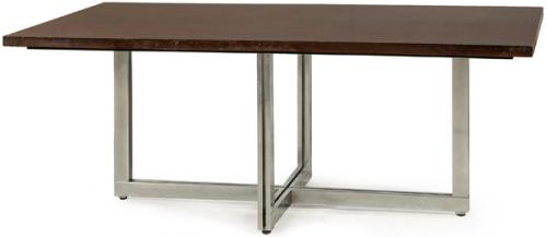 Mesa de comedor con estructura de metal cromado y tapa de madera chapeada de palinsandro.