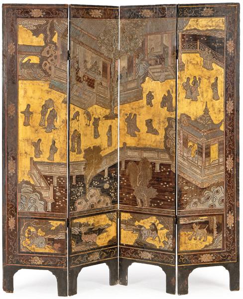Biombo chino de laca de cuatro hojas pp. S. XX.