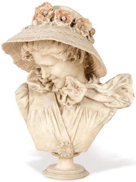 Busto de mármol blanco de mujer con sombrero de Emilio Fiasxhi