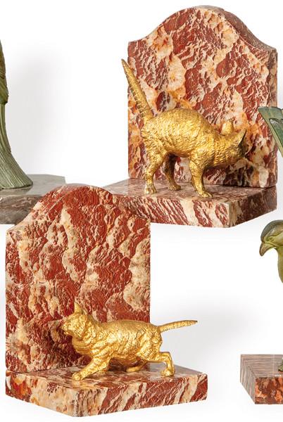 Pareja de sujetalibros gatos bronce dorado y mármol veteado