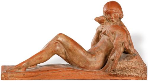  Mujer con cordero en terracota firmada Georges Coste Art Deco