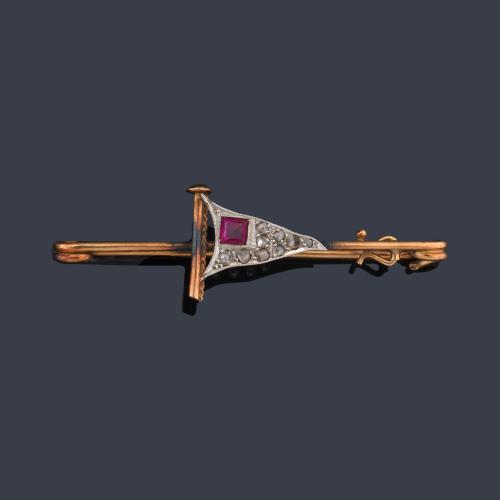 Broche - alfiler con bandera naútica decorada con diamantes talla rosa y rubí sintético.