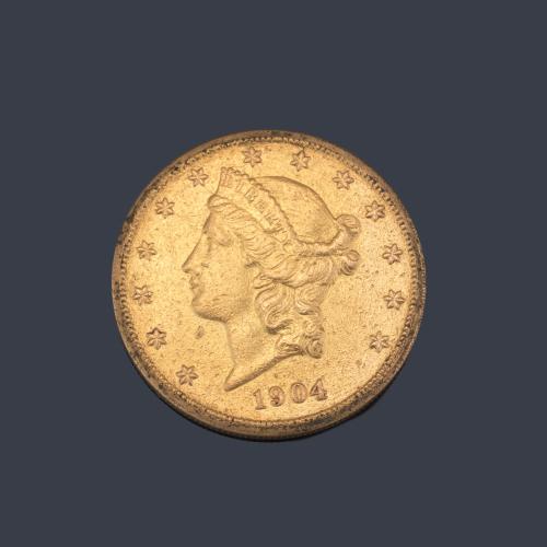 Moneda 20 dólares americanos en oro de 22 K.