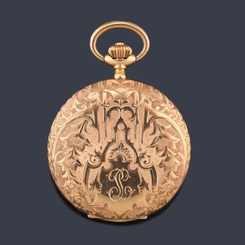 Reloj saboneta de bolsillo con caja en oro rosa de 18 K. Con estuche original.