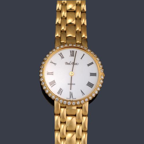 PAUL PICOT de señora con caja y brazalete en oro amarillo de 18 K y orla de brillantes.