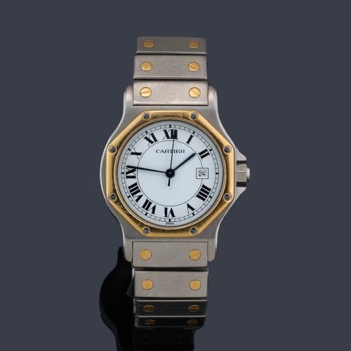 CARTIER Santos octogonal de caballero con caja y brazalete en acero y oro de 18 K. Con estuche y documentación.