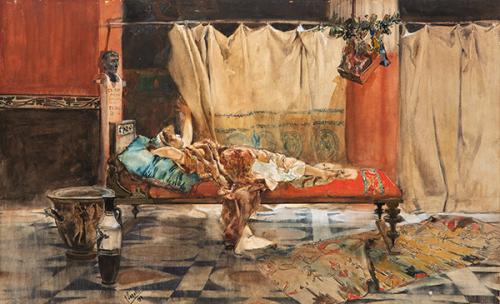 JOAQUIN SOROLLA - Escena clásica con dama tumbada sobre kline