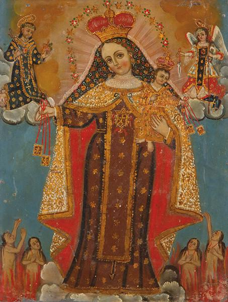 ESCUELA CUZQUEÑA S. XIX-XX - Nuestra Señora del Carmen reodeada de San Miguel Arcángel y San Juan de la Cruz intercediendo por las ánimas del Purgatorio