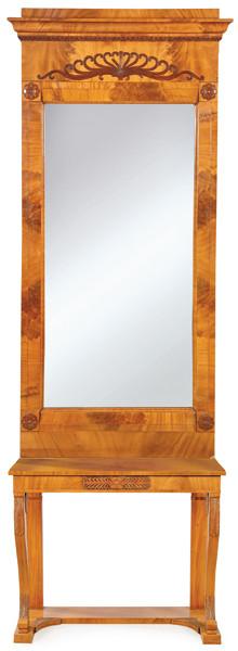 Consola y espejo Biedermeier en madera de caoba y palma de caoba , con decoración tallada. 