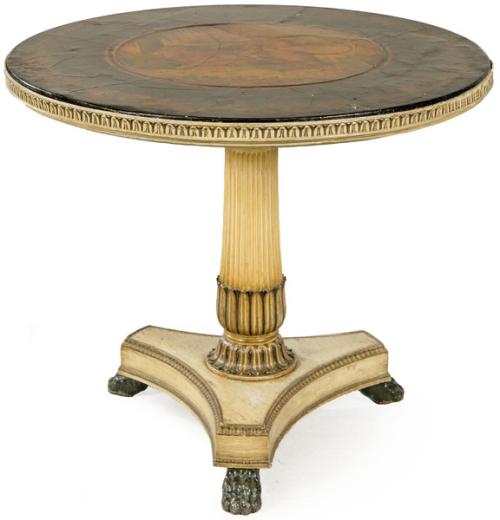  Mesa circular estilo Regencia sobre pedestal clásico. Tapa decorada escena extraída de Ovidio y Virgilio