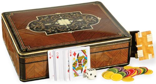 Caja de juego Napoleon III con marquetería de palorosa, maderas frutales, latón y hueso, firmada "Paul Sormani rue Charlot París" h. 1870.