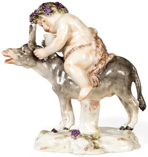 Figura de porcelana alemana “Baco en burro”, alegoría del otoño, círculo de Johann Joachim Kaendler para Meissen.