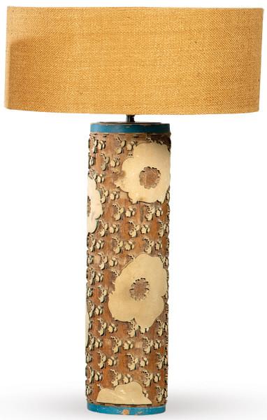 Lámpara de mesa realizada con rodillo de madera con motivos tallados para impresión de papel pintado, Inglaterra S. XIX.