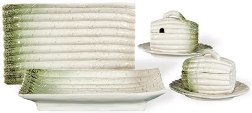 Dos fuentes para espárragos y dos salseras en cerámica italiana esmaltada con motivos de espárragos compuesta por