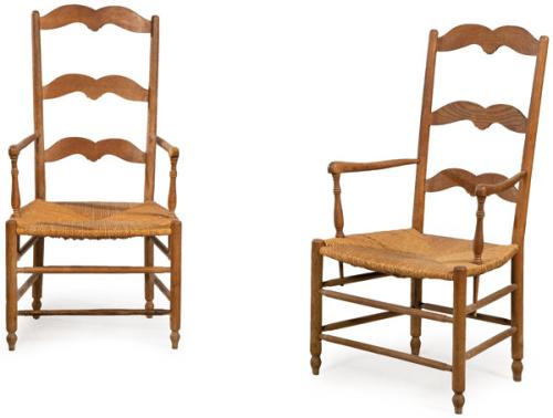 Pareja de sillas con brazos provenzales siguiendo modelos del S. XVIII en madera de roble torneada y recortada, con asiento de enea. Francia, h. 1900