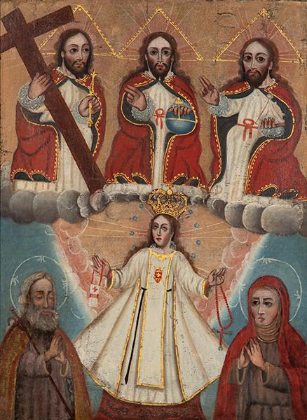 ESCUELA CUZQUEÑA S. XVIII - Virgen de la Merced rodeada de santos y la Trinidad