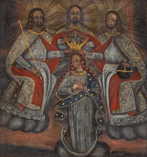 ESCUELA CUZQUEÑA S. XVIII - La Virgen María coronada por la Trinidad