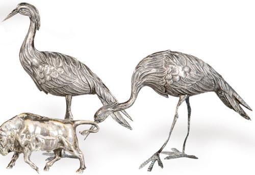 Pareja de garzas de plata española punzonada 1ª Ley de Pasgorcy.