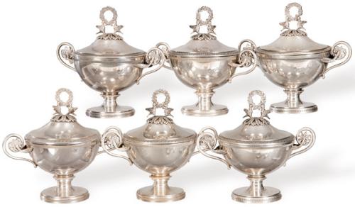 Juego de seis dulceras de plata española punzonada 1ª Ley de López.