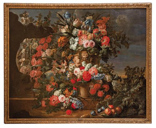 JEAN-BAPTISTE BOSSCHAERT - Composición ornamental con gran copa de flores y fuente
