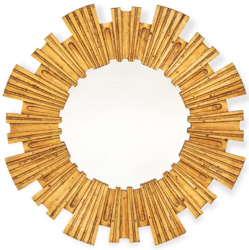 Espejo sol con rayos concéntricos en madera tallada y dorada.