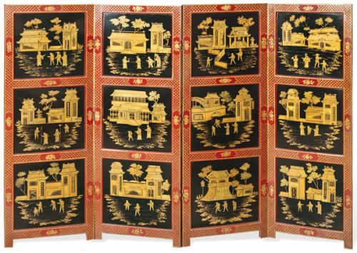  Biombo de cuatro hojas lacado en negro, rojo y con decoración dorada, China primer tercio del S. XX.