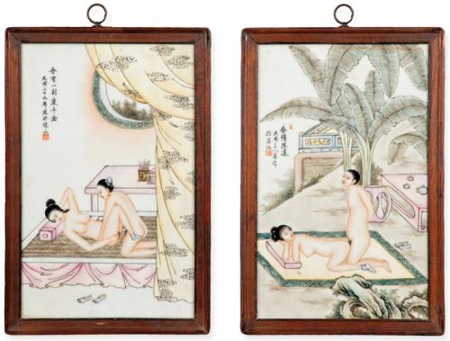 Pareja de placas eróticas de porcelana china primer tercio S. XX.