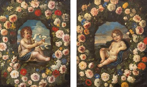  CÍRCULO DE GIOVANNI STANCHI S. XVII - Pareja de orla de flores con el Niño Jesús y San Juanito