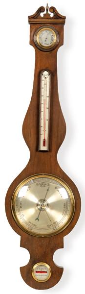Barometro-termometro V. Santy, de caoba, Crewkerne, Inglaterra mediados S. XX.